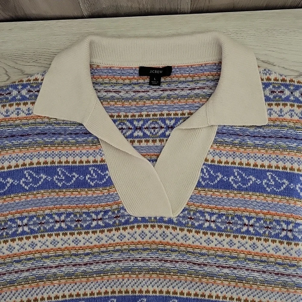 J Crew Womens L Knit Sweater‎ Lambs Wool Blend Fair Isle Collared Preppy